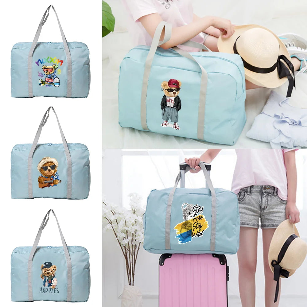 Large Capacity Bear Travel Bag Clothes Storage Folding Nylon Hand Luggage Tote