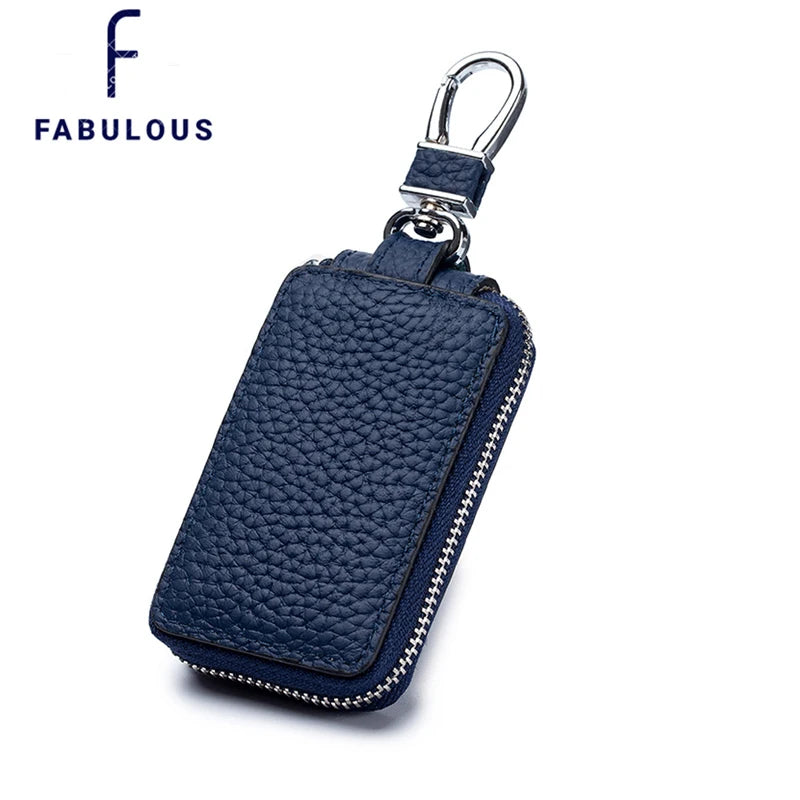 Leather Car Key Holder Bag with 6 Hooks Zipper Closure