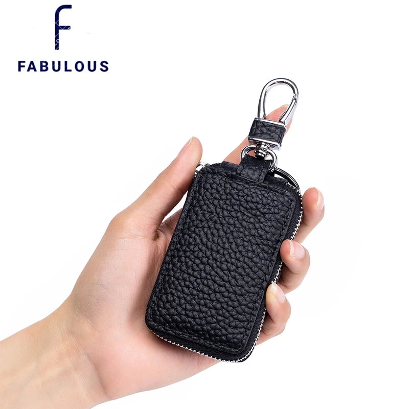 Leather Car Key Holder Bag with 6 Hooks Zipper Closure
