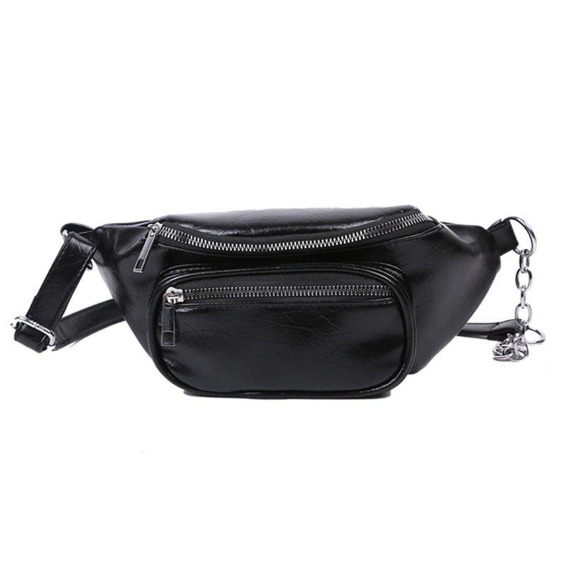 Unisex PU Leather Sling Bag Chain Chest Pouch Waist Pack