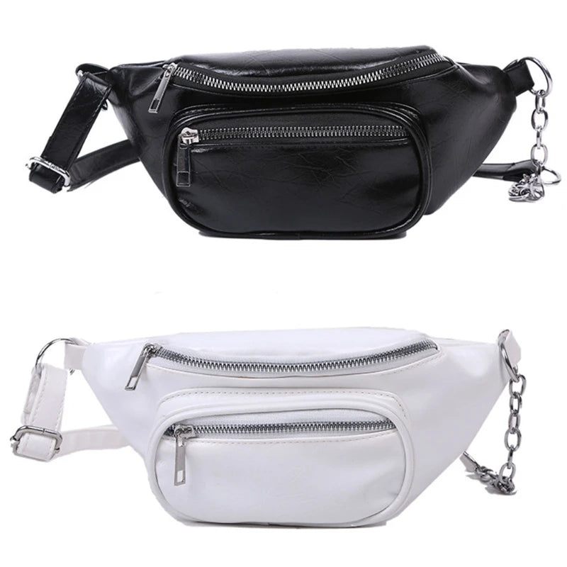 Unisex PU Leather Sling Bag Chain Chest Pouch Waist Pack