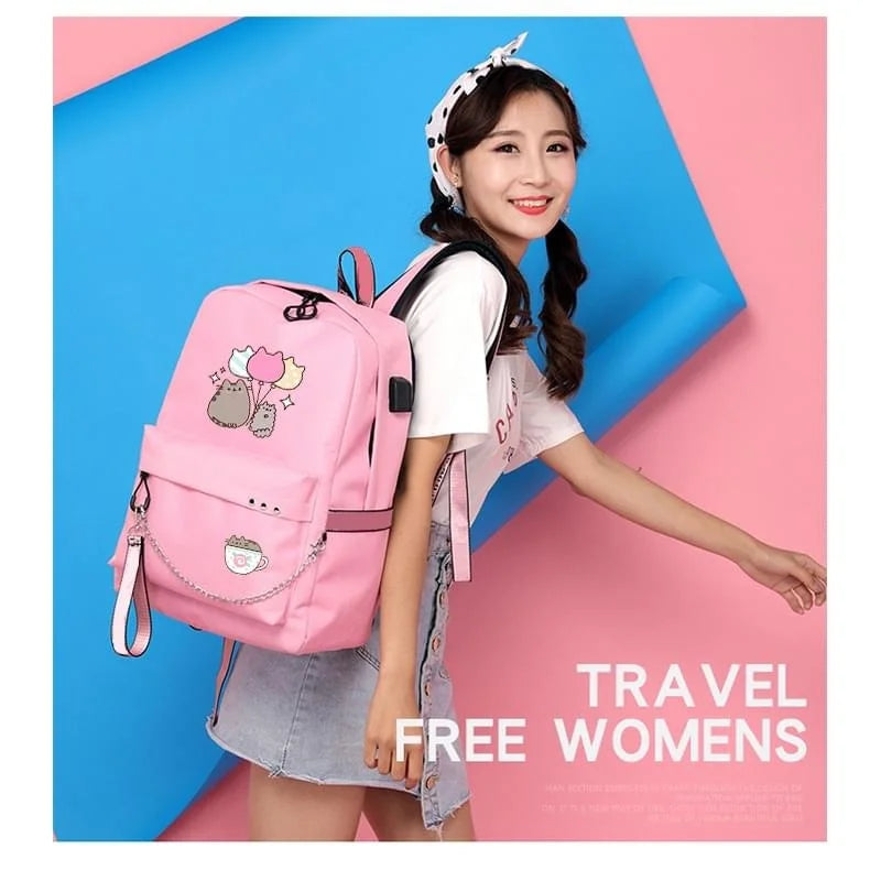 USB Charging Canvas Travel Bag Cartoon Student Backpacks Large Capacity