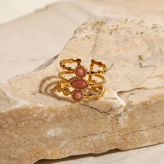 Uworld Stainless Steel Pink Stone Ring Statement Golden 18K Plated
