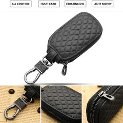 Real Leather Plaid Button Car Key Bag Holder Wallet
