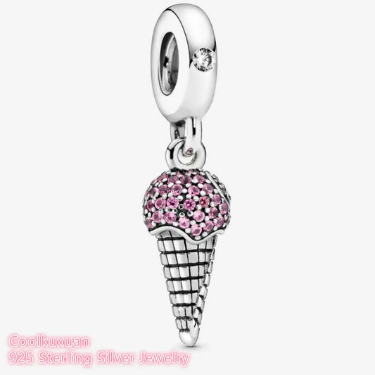 925 Silver Ice Cream Cone Dangle Charm Beads for Bracelet DIY