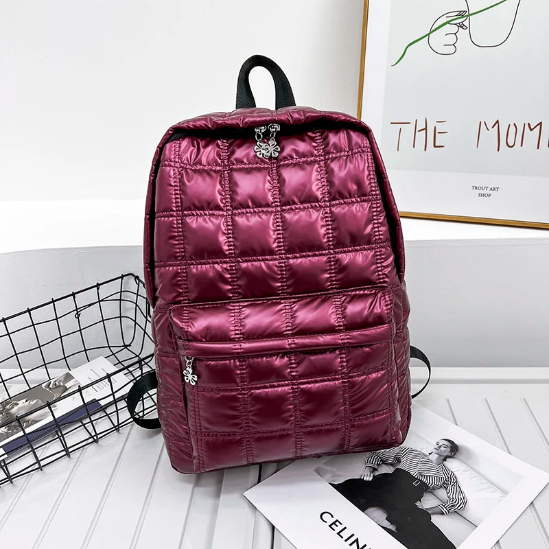 Vegan Plaid Down Backpack Large Embroidered Thread Daypack Winter