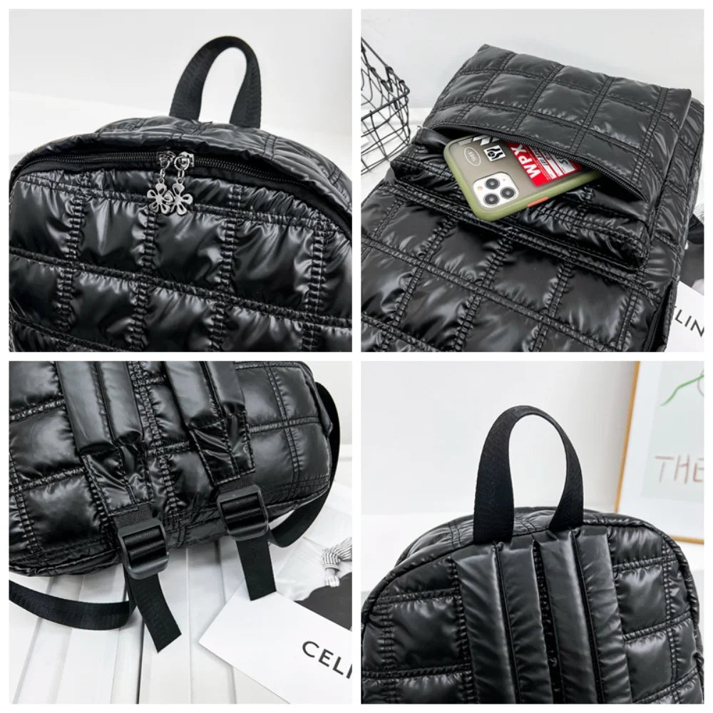 Vegan Plaid Down Backpack Large Embroidered Thread Daypack Winter