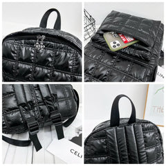 Vegan Plaid Down Backpack Large Embroidered Thread Daypack Winter