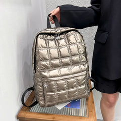 Vegan Plaid Down Backpack Large Embroidered Thread Daypack Winter