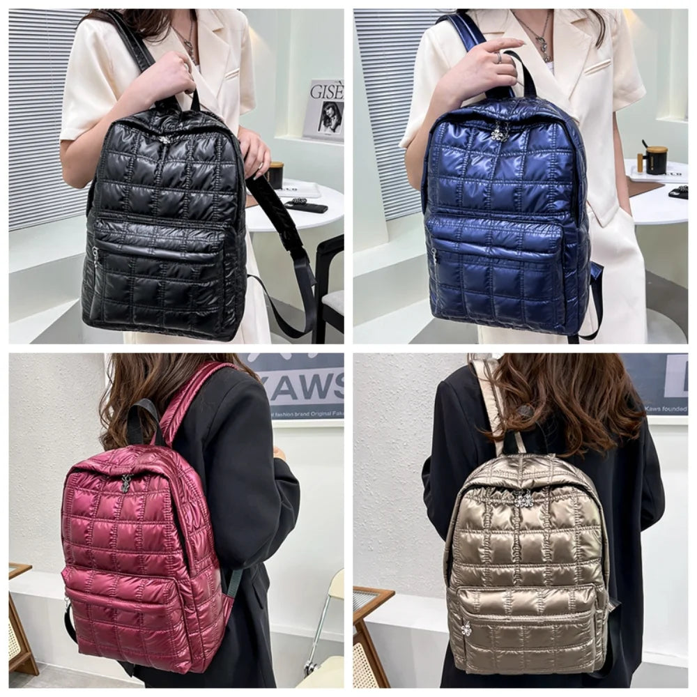 Vegan Plaid Down Backpack Large Embroidered Thread Daypack Winter
