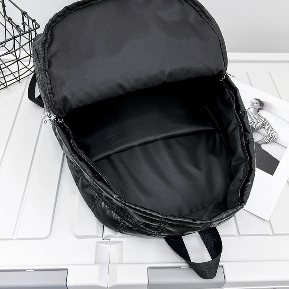 Vegan Plaid Down Backpack Large Embroidered Thread Daypack Winter
