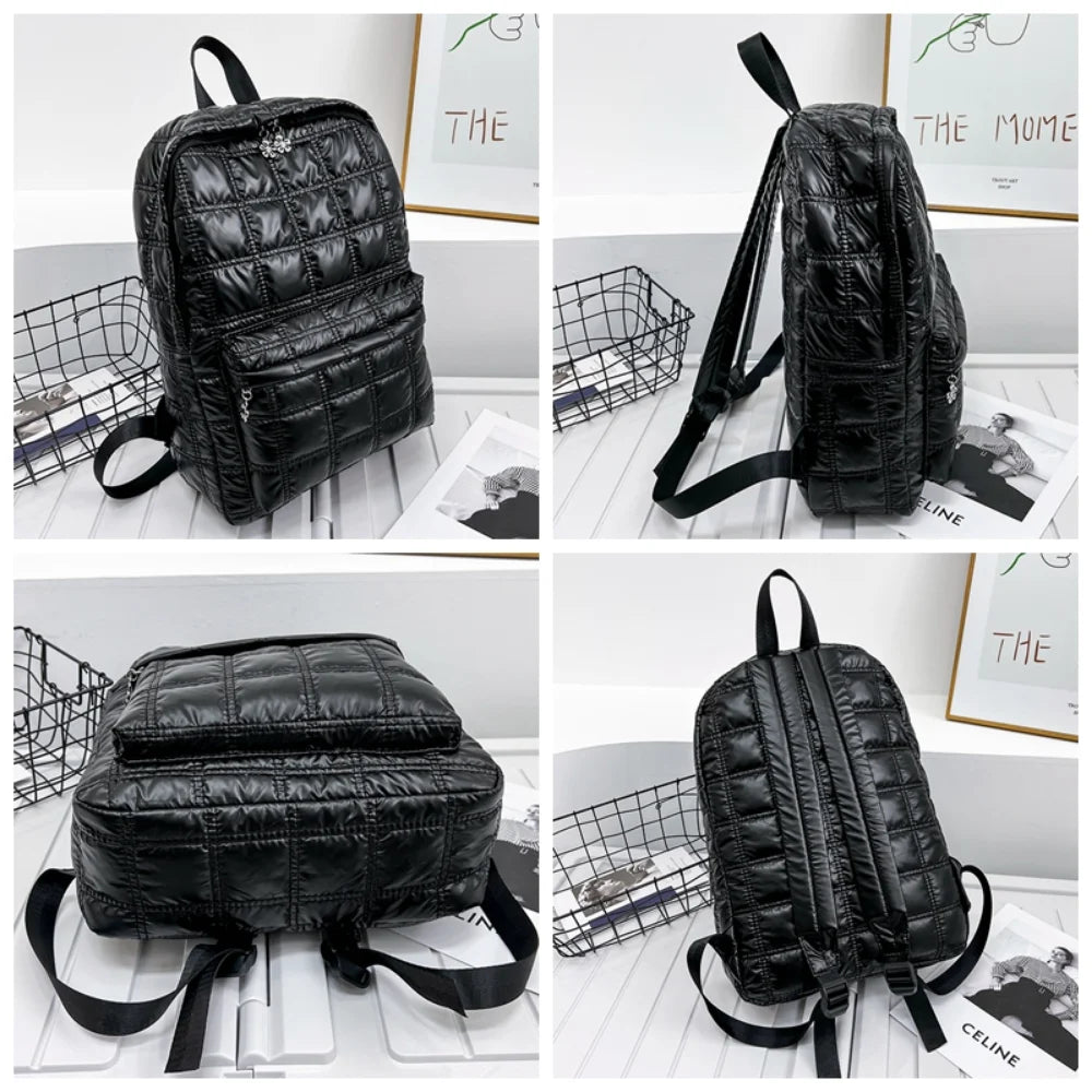 Vegan Plaid Down Backpack Large Embroidered Thread Daypack Winter