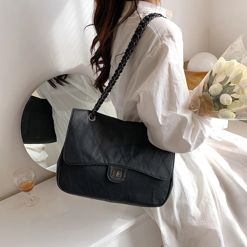 Vegan Leather Quilted Crossbody Bag with Chain Strap & Tassel