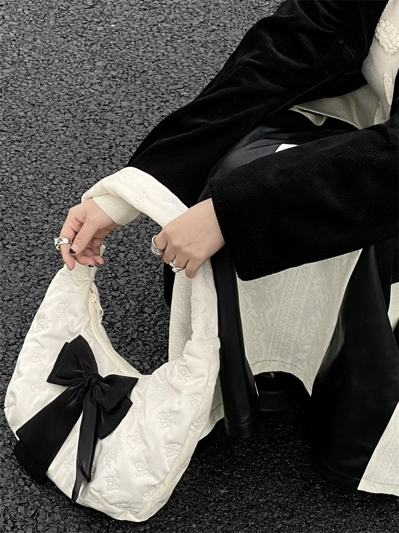 Velvet Bowknot Half Moon Shoulder Bag for Women