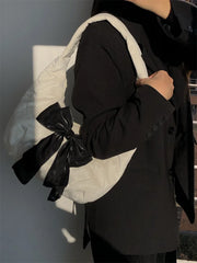 Velvet Bowknot Half Moon Shoulder Bag for Women