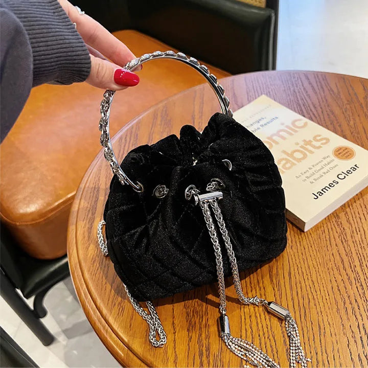 Velvet Bucket Bag Shoulder Bag with Diamonds Handle