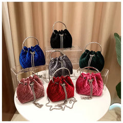 Velvet Bucket Bag Shoulder Bag with Diamonds Handle