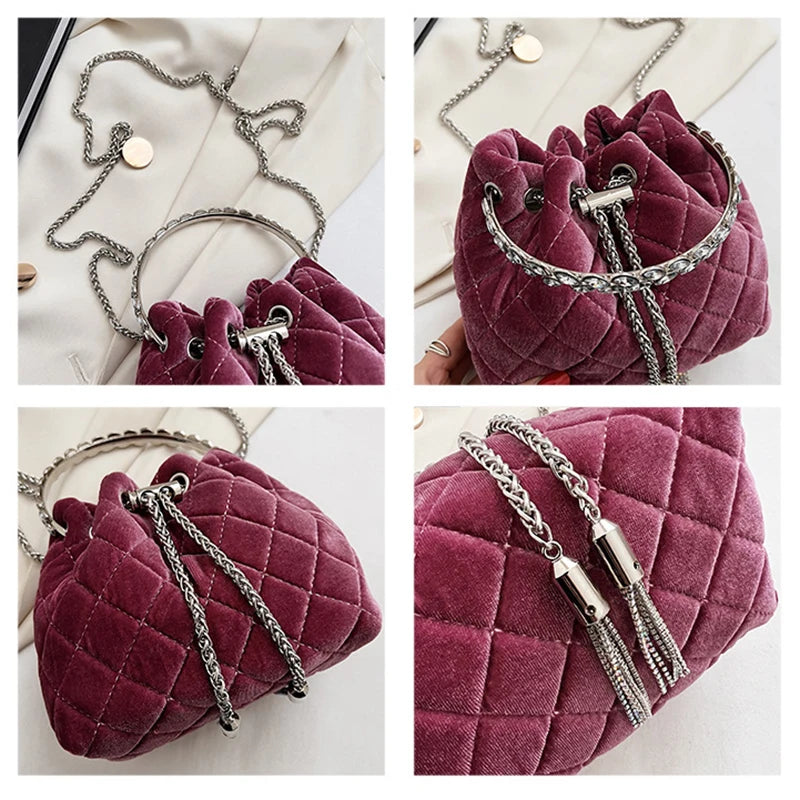 Velvet Bucket Bag Shoulder Bag with Diamonds Handle