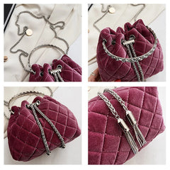 Velvet Bucket Bag Shoulder Bag with Diamonds Handle