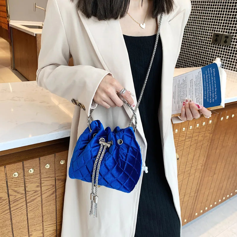 Velvet Bucket Bag Shoulder Bag with Diamonds Handle