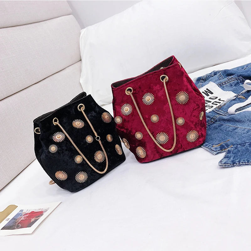 Velvet Handbag for Women Girls Shopper Purses Small flower decor