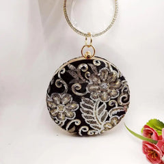 Velvet Sequins Evening Bag Round Shaped Diamonds Clutch Purse