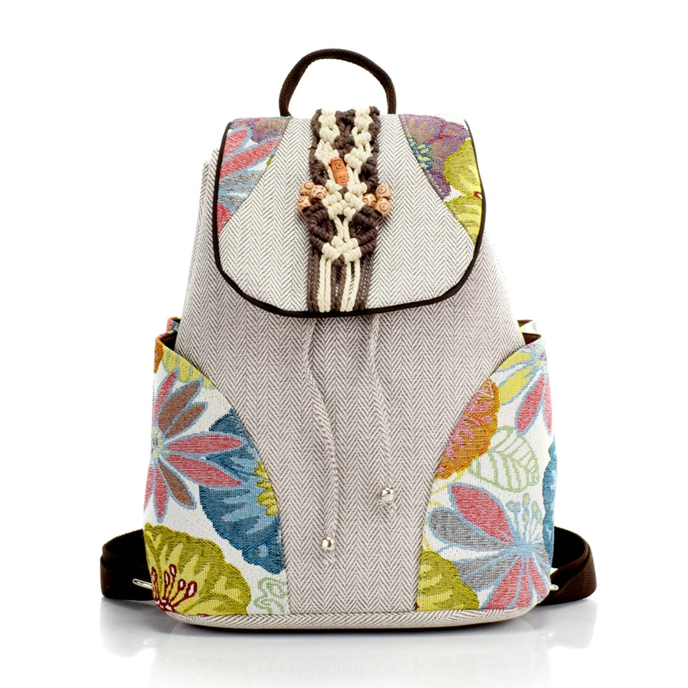 Beaded Embroidered Women Small Canvas Backpacks, Ladies Casual Rucksacks