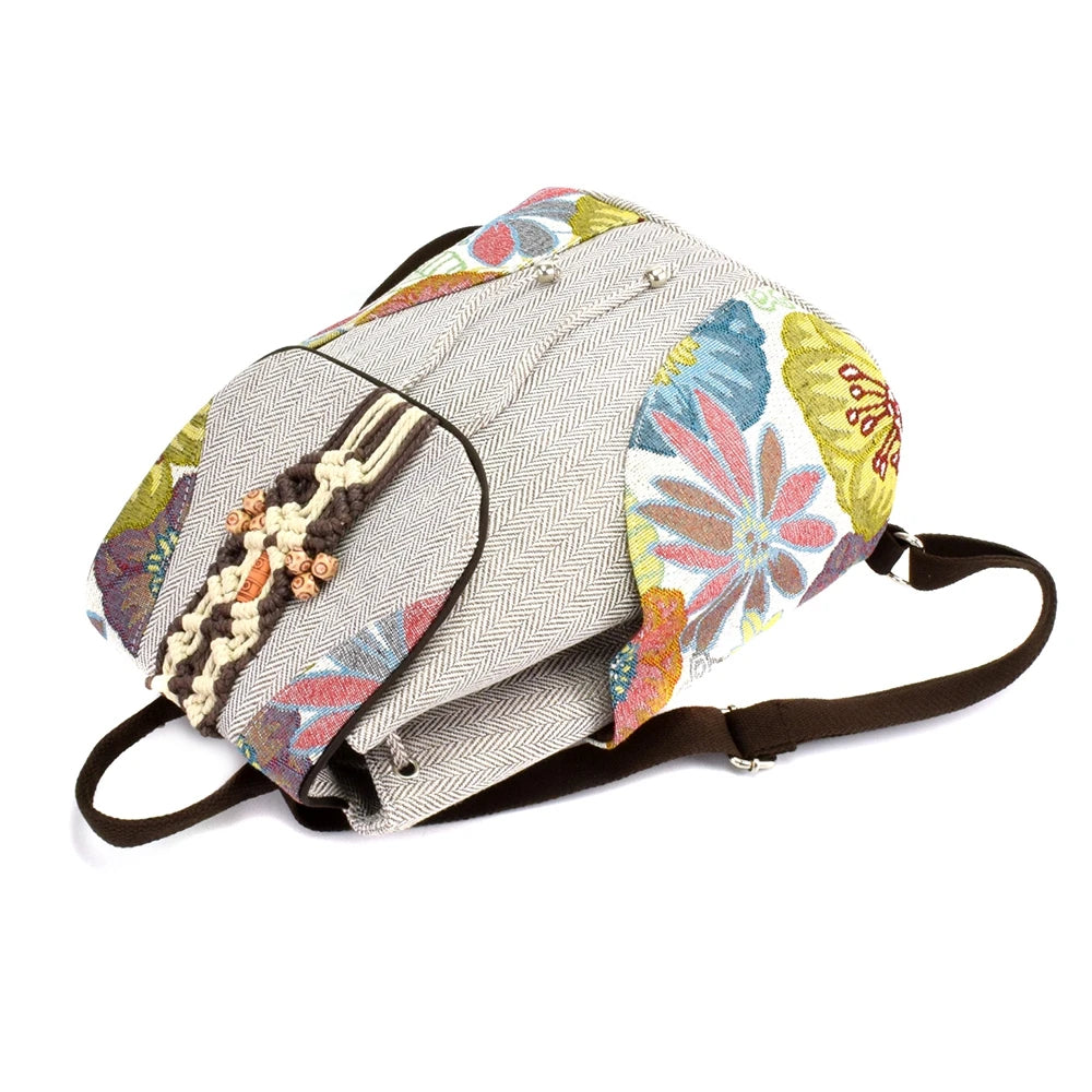 Beaded Embroidered Women Small Canvas Backpacks, Ladies Casual Rucksacks