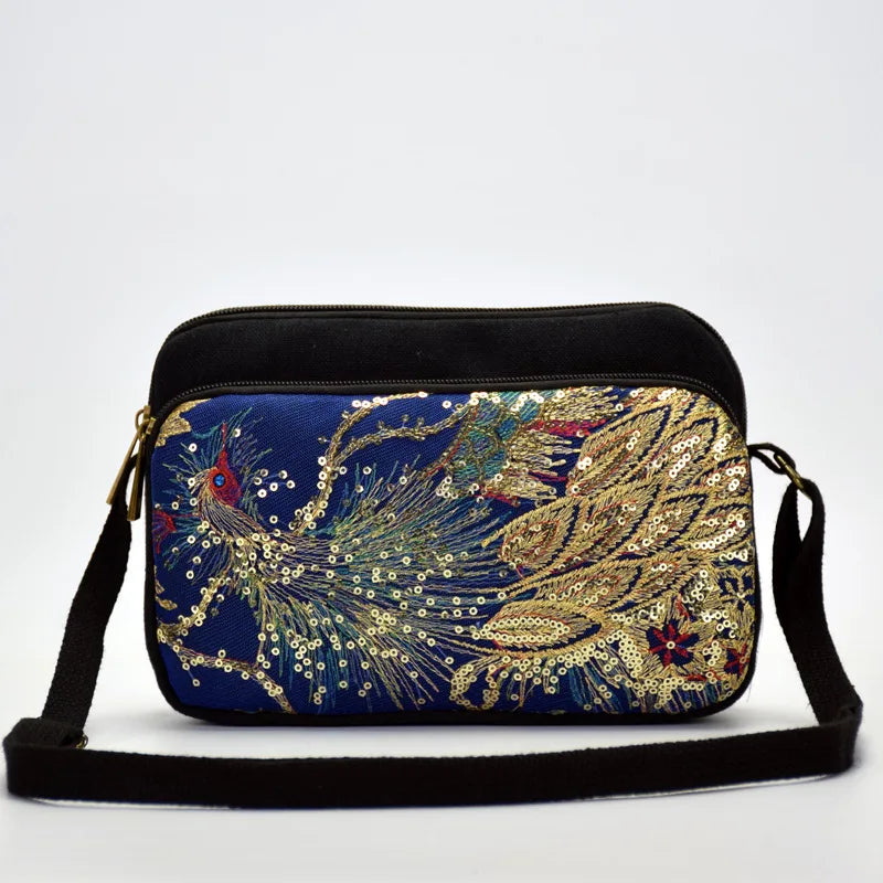 Peacock Sequins Embroidered Women Cotton Shoulder Bag Multi-function