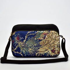 Peacock Sequins Embroidered Women Cotton Shoulder Bag Multi-function