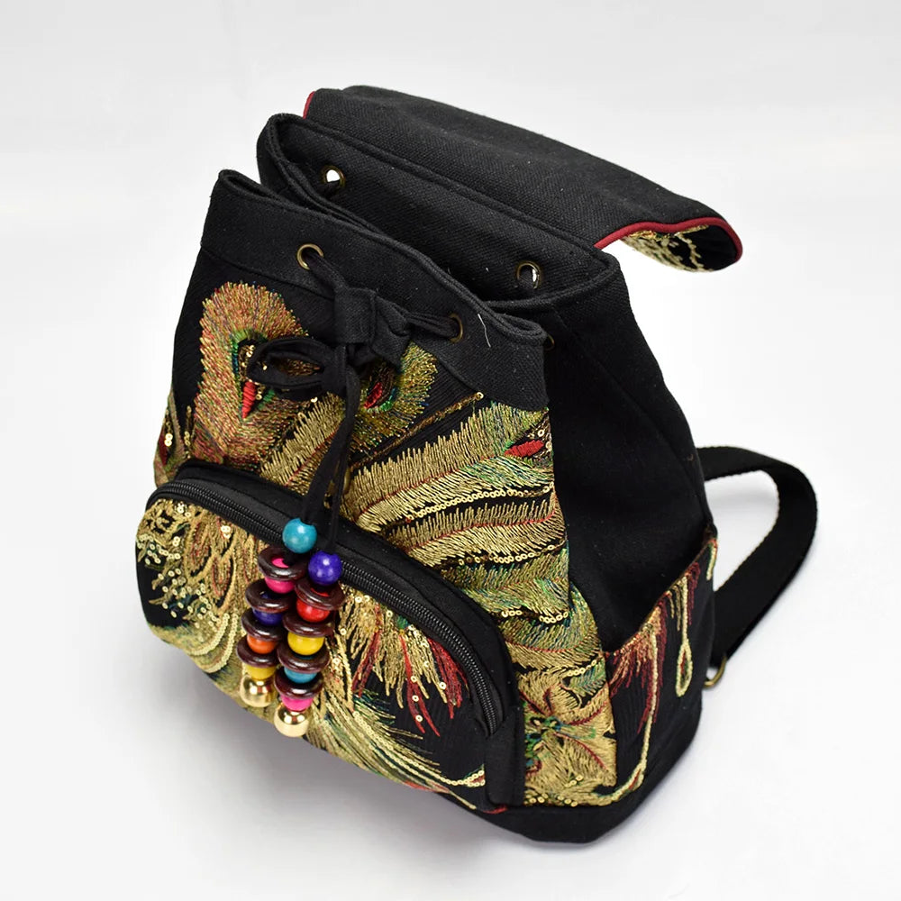 Phoenix Silk Embroidered Women's Backpacks, Retro Ladies Rucksack