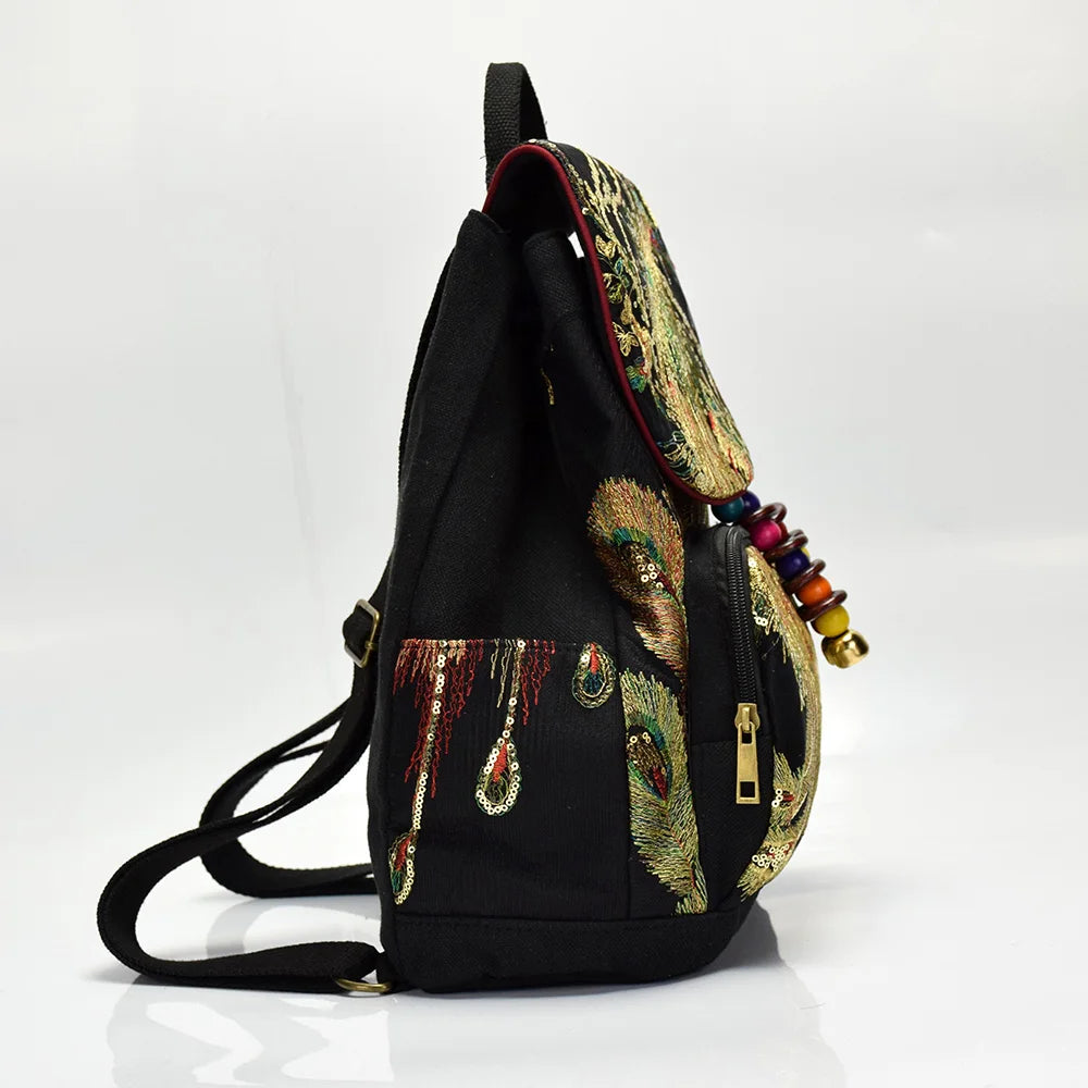 Phoenix Silk Embroidered Women's Backpacks, Retro Ladies Rucksack