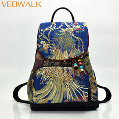 Phoenix Silk Embroidered Women's Backpacks, Retro Ladies Rucksack