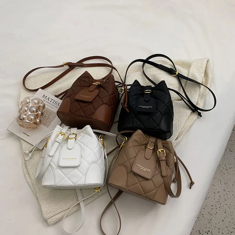 Winter PU Leather All-match Shoulder Bag Messenger Bag Drawstring Bucket Bag