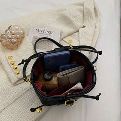 Winter PU Leather All-match Shoulder Bag Messenger Bag Drawstring Bucket Bag