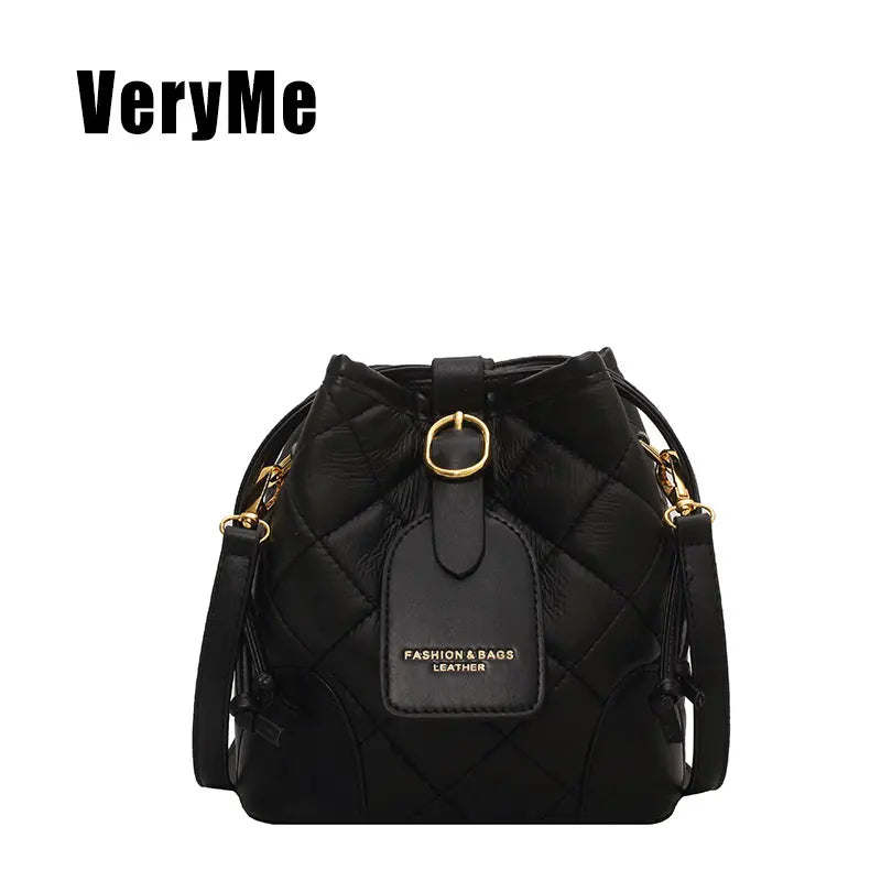 Winter PU Leather All-match Shoulder Bag Messenger Bag Drawstring Bucket Bag