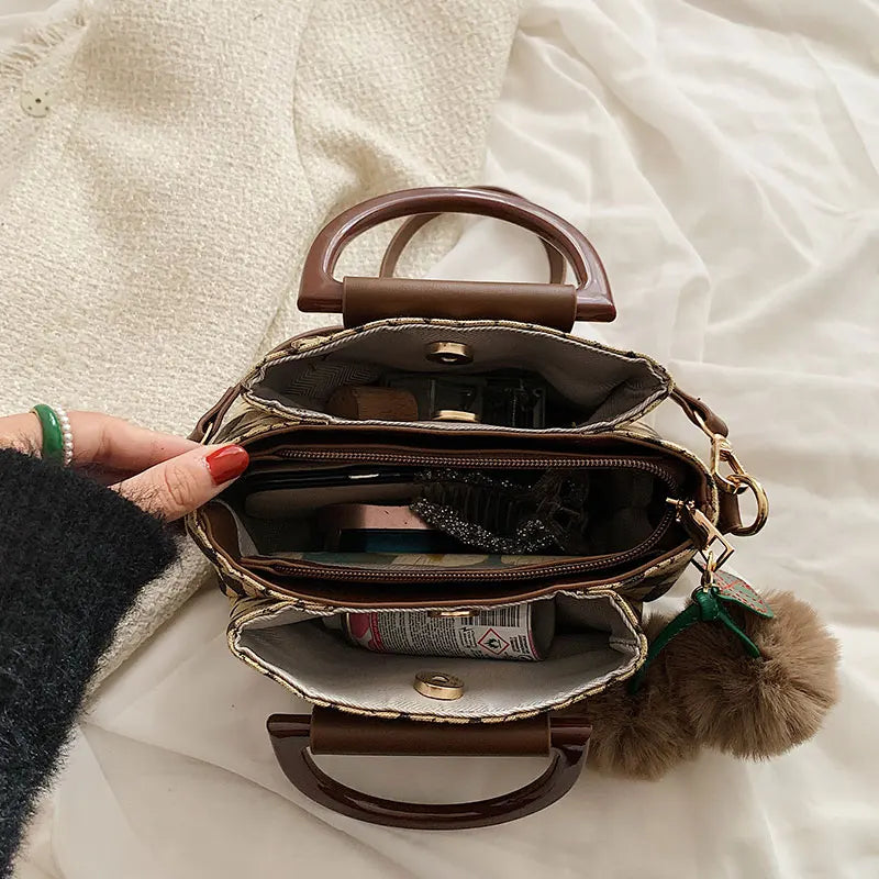 Women's Leather Shoulder Bag Retro All-Match Checkerboard Lattice Bag
