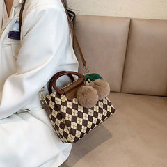 Women's Leather Shoulder Bag Retro All-Match Checkerboard Lattice Bag