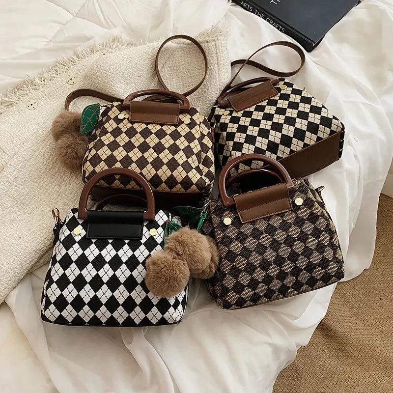 Women's Leather Shoulder Bag Retro All-Match Checkerboard Lattice Bag