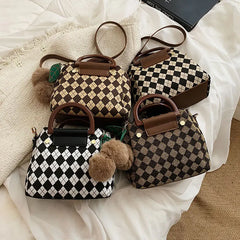 Women's Leather Shoulder Bag Retro All-Match Checkerboard Lattice Bag