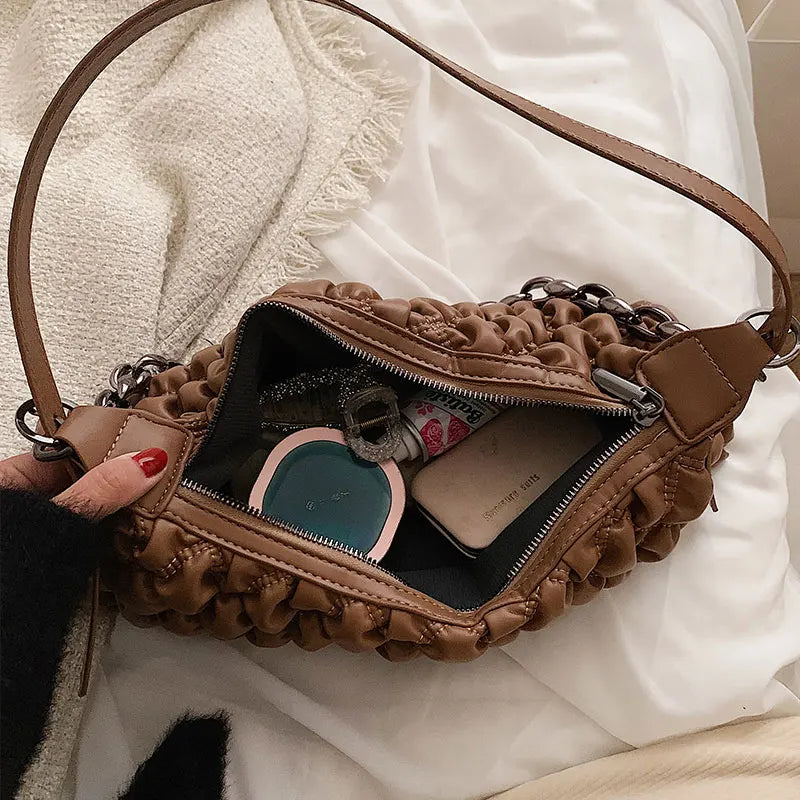 Winter Down Jacket Fabric Handbag PU Leather One Shoulder Underarm Bag