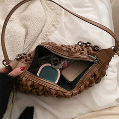 Winter Down Jacket Fabric Handbag PU Leather One Shoulder Underarm Bag