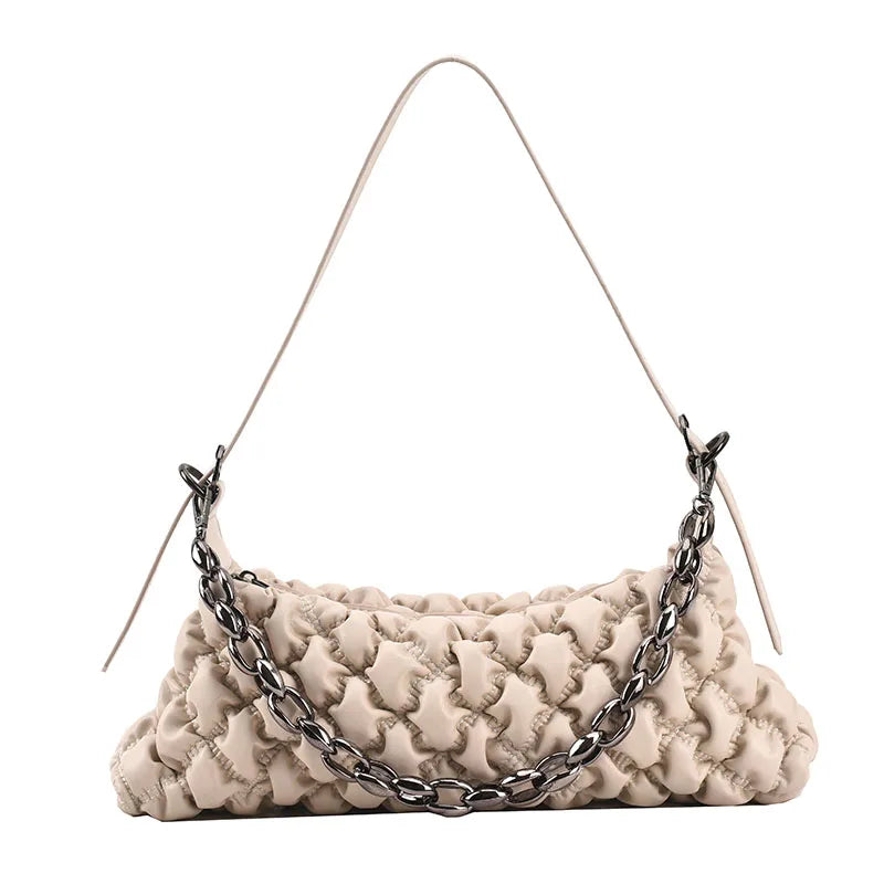 Winter Down Jacket Fabric Handbag PU Leather One Shoulder Underarm Bag
