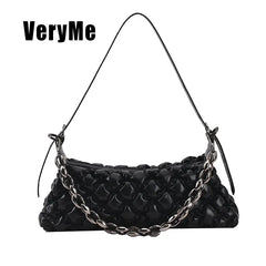 Winter Down Jacket Fabric Handbag PU Leather One Shoulder Underarm Bag