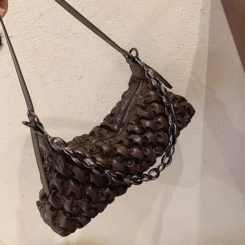 Winter Down Jacket Fabric Handbag PU Leather One Shoulder Underarm Bag