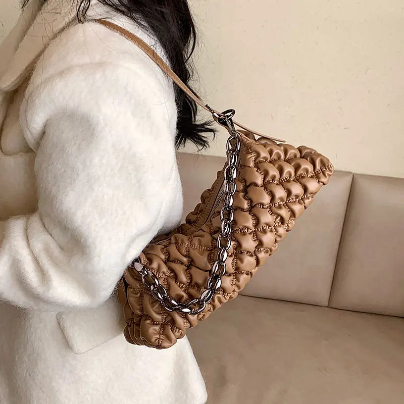 Winter Down Jacket Fabric Handbag PU Leather One Shoulder Underarm Bag
