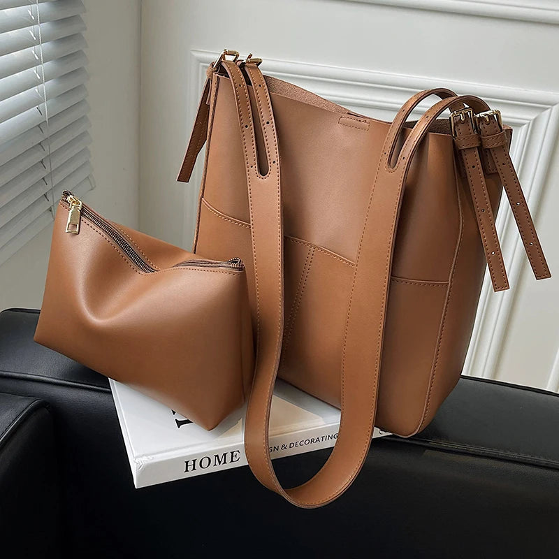 Vintage Leather Shoulder Bags Set for Women Handbags