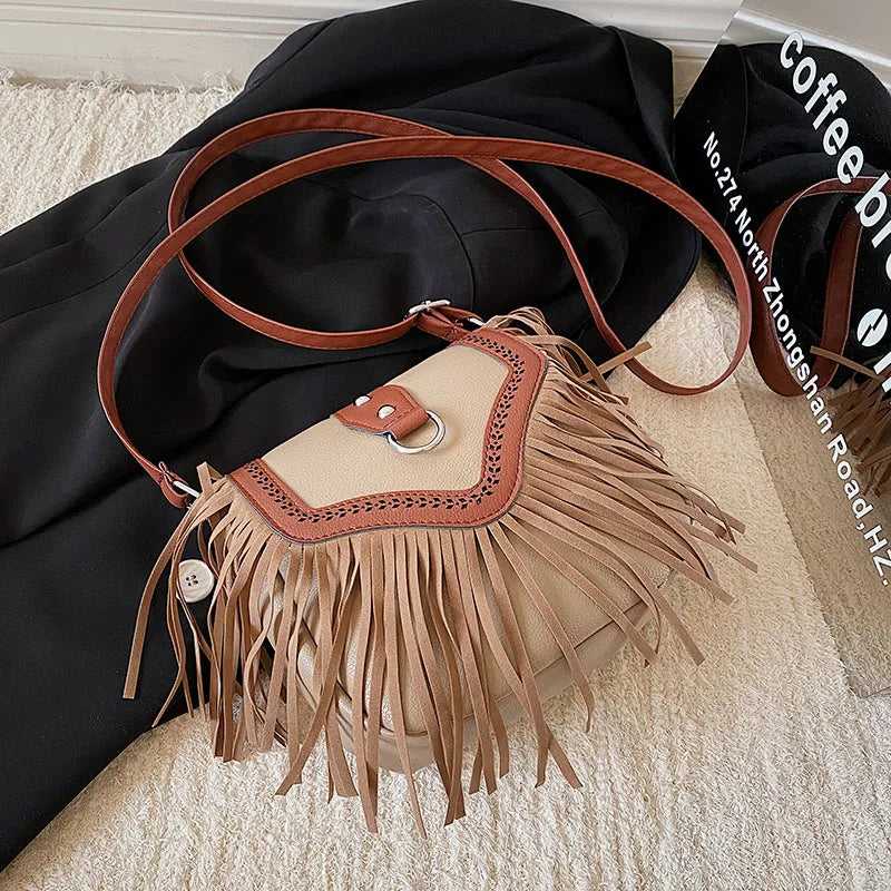 Vintage Tassel Pu Leather Crossbody Bag for Women