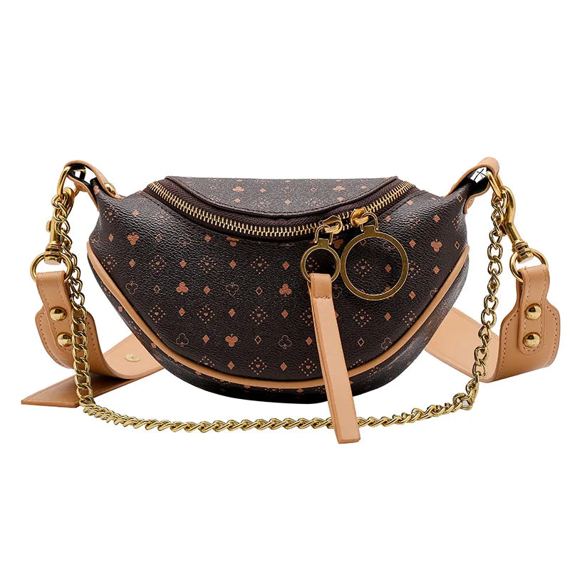 Vintage Leather Waist Bag with Appliques, Casual Chain Small Purses