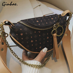 Vintage Leather Waist Bag with Appliques, Casual Chain Small Purses